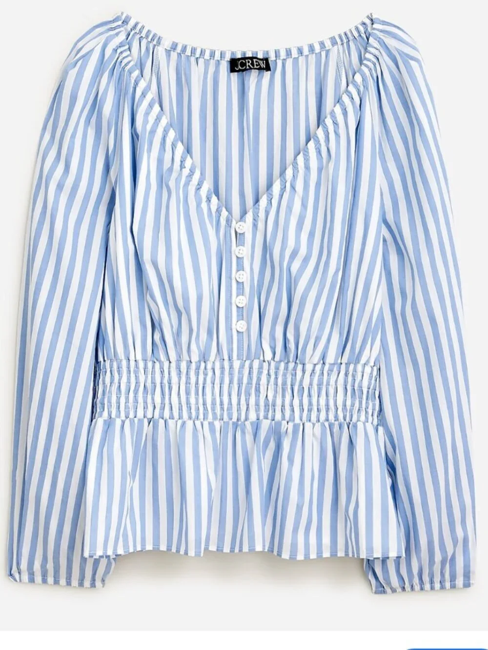 J Crew V Neck Smocked Waist Top M Stripe Long Sleeve Blue Peplum Coastal Preppy